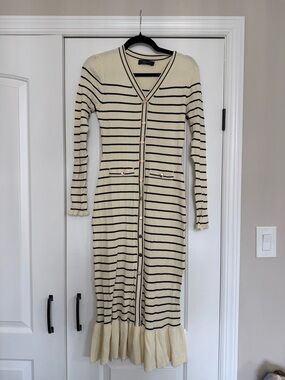 Striped Cream Long-Sleeve Button-Front Knit Dress